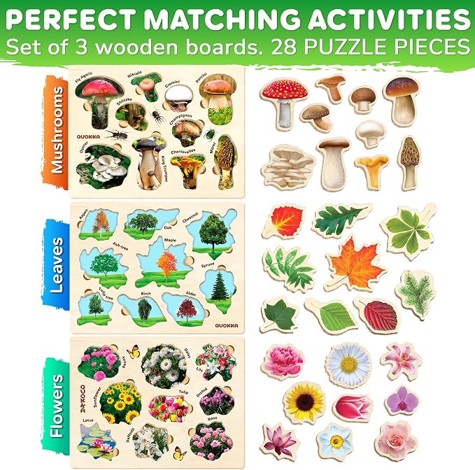 QUOKKA Wooden Puzzles for Toddlers 2-4 – 3X Set Montessori Toys Puzzles for Kids Ages 3-5 – Wood Educational Baby Game 12-18 Months – Gift Learning Mushrooms Flowers Leaves for Boy and Girl 3-5