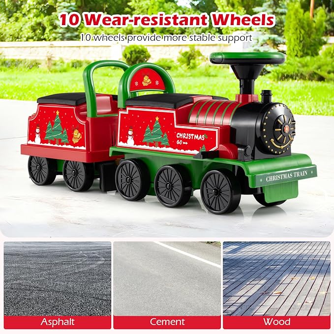 OLAKIDS 6V 2-Seater Ride on Train with Carriage, Storage, Train Whistle, Music, Lights for 18 Months+ (2 Seaters, Christmas)