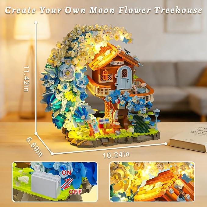 Blue Moon Flower House Building Set with Light, Botanical Collection Flowers Treehouse Builidng Block Kit, Compatible with Lego for Adults Home Décor (1750PCS)
