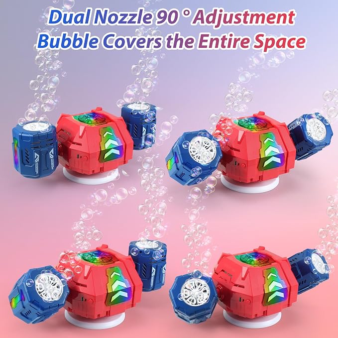 New RC Bubble Machine with RGB Lights, 360° Auto Rotation Bubbles Toy, Rechargeable Battery, Bubble Blower Maker for Kids, Parties, Birthday Gift, Weddings, Indoor Outdoor Activity, Red-Blue