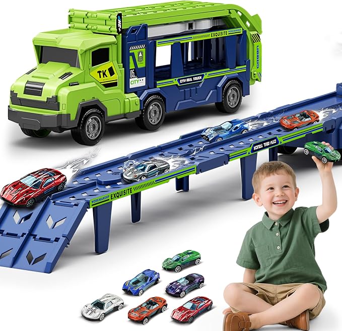 Truck Car Toys for 3, 4, 5, 6, 7, 8 Years Old Kids, Carrier Truck Race Track Toys, Foldable Transport Car Toys with 2 Foldable Race Tracks, 6 Metal Cars, Birthday Gifts for Toddler Boys Girls