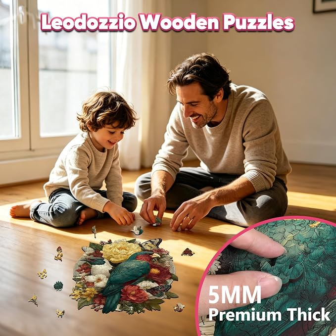 Leodozzio Nature Birds Wooden Jigsaw Puzzles 500 Pieces, Stained Glass Puzzle, 5MM Thick Unique Shaped Bird Flower Wooden Puzzle for Adults, Nautical Art Gift, Family Game, 14.1x18.3 Inch