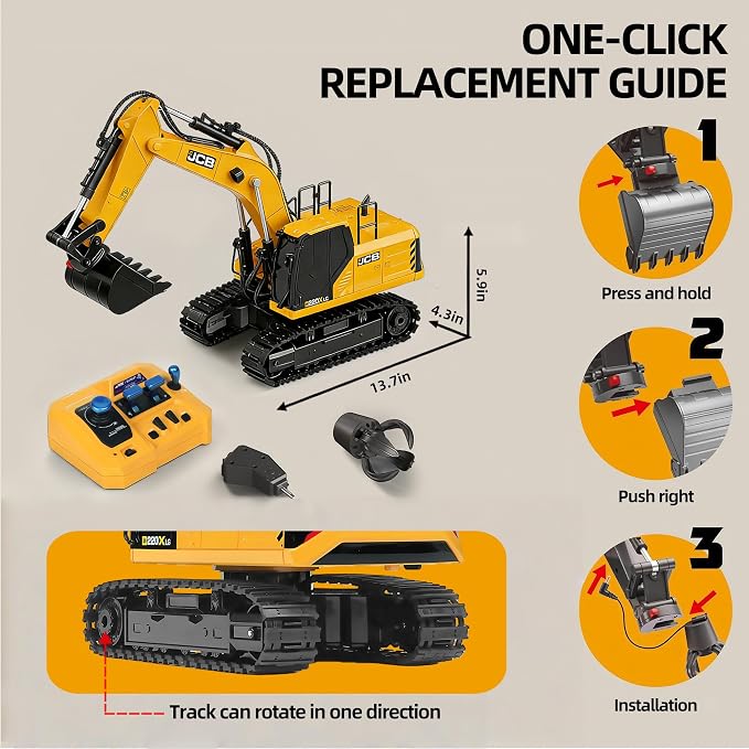 BRRRRT 3-in-1 Remote Control Excavator,14IN RC Excavator with Drill Bit, Grab Bucket & Digging Hook, JCB Official Licensed14-Channel Construction Vehicles with Lights & Sounds for Kids Ages 3+