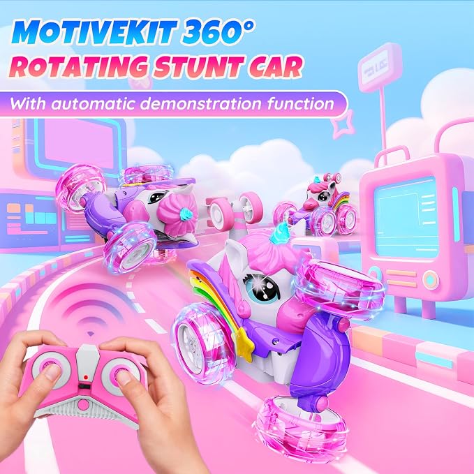 Unicorn Remote Control Car Toys for Girl - 360° Rotating Pink RC Stunt Cars 4WD Remote Cars for Kids, 2.4GHz Toy Car with LED Lights, Birthday Gift for 3 4 5 6 7 8 9 Year Old Girl