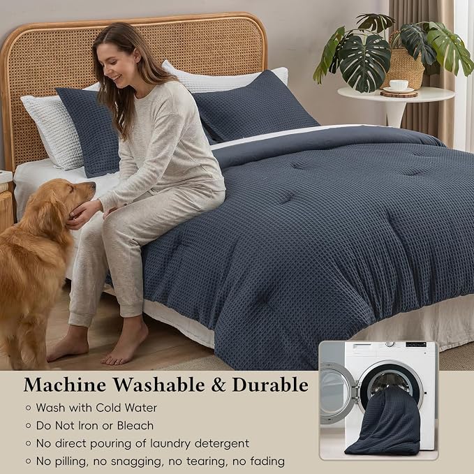 David's Home Waffle Weave Comforter Set 3PCS King Size, Soft Breathable Lightweight Cozy Skin-Friendly Warm for All Season, Elegant Aesthetic Home Decor Bedding Set with Pillow Shams, Indigo
