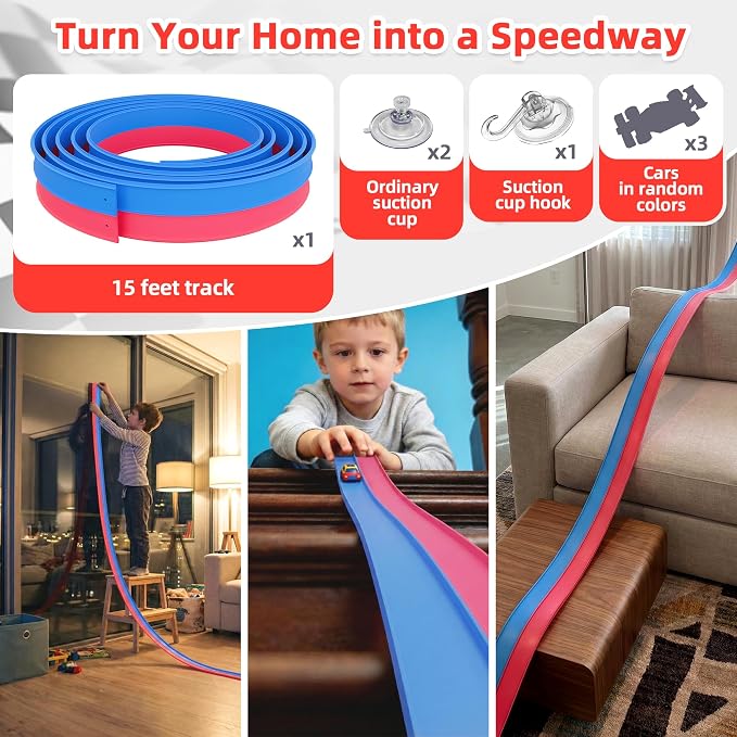 15 Ft Flex Race Car Track for Kids, Flexible Track with 3 Cars, 3 Suction Cups, Compatible with 1:64 Diecast Cars, Window Tile Racing Toy Ages 3+, Red Blue