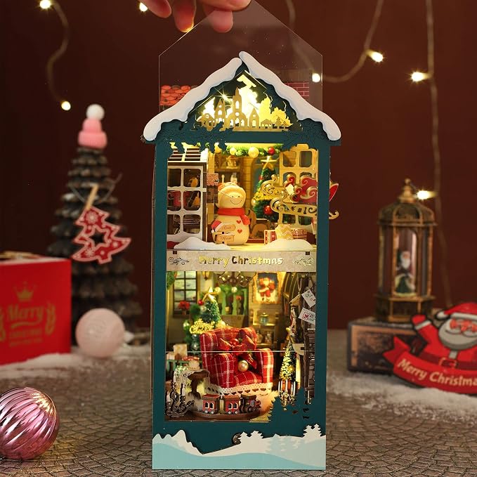 fifijoy Christmas Book Nook Kit - DIY Miniature House Dollhouse Kit for Adults and Teens, Booknook Bookshelf Insert Christmas Decorations, Gifts for Family and Friends (Merry Christmas)