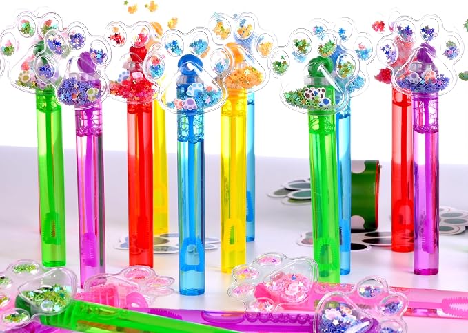 24PCS Glitter Paw Print Bubble Wands for Kids Paw Blue Puppy Dog Party Favors Supplies Decorations Pinata Filler Goodie Bags Suffer Classroom Prizes Birthday Gifts