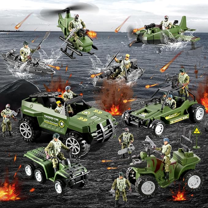 58-in-1 Army Men Toys for Boys 4-7 6-8 8-12, Military Truck/Helicopter/Kayak Boat/Motorcycle/Army Men Action Figures/Weapon Gears, Army Toys for Boys Kids Birthday Gifts Party Favors