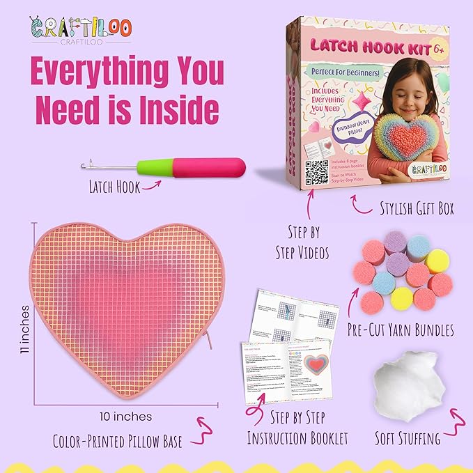 CRAFTILOO Latch Hook Kit for Kids Rug DIY Pillow Craft with Hook, Precut Yarn, Easy to Follow Pattern Cute Designs with Rainbow Heart Ages 6+