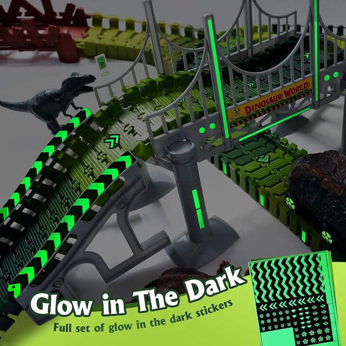 268 PCS Race Tracks Dinosaur Toys for Kids 3-5, Glow in The Dark Magic Toy Set, 2 Dinosaur Cars Track, Flexible DIY Track Set, Birthday Gift for Age 3-9 Boys Toddler Girls
