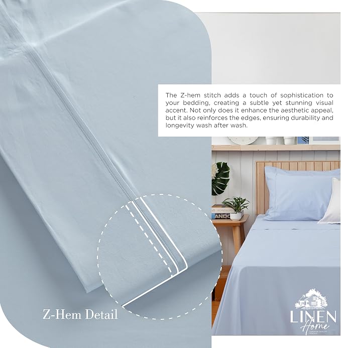 Linen Home 100% Cotton Percale Sheets Twin Size, Blue Duck Egg, Deep Pocket, 3 Pieces Set- 1 Flat, 1 Fitted and 1 Pillowcase, Crisp Cool and Long Staple Strong Bed Linen