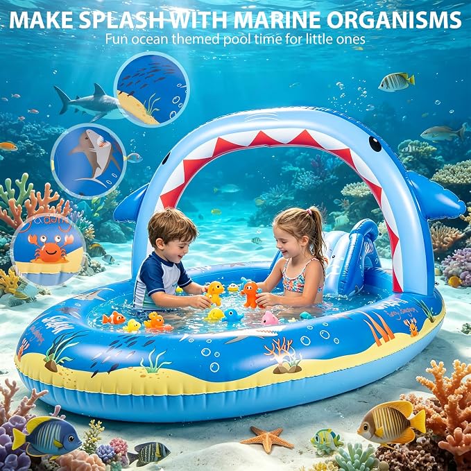Inflatable Ocean Shark Play Center, Summer Splash Pad Kids Pool with Slide&Sprinkler, Blow Up Toddler Water Pool for Backyard and Garden 96''x59''x39''