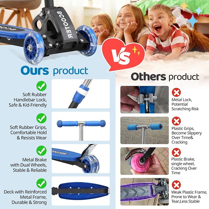 3 Wheel Kids Kick Scooter for Ages 3-12, Lean-to-Steer, Light-Up Wheels, 3-Level Adjustable Handlebar 27.5”-33”, Wide Non-Slip Deck, Dual Rear Brake,Travel Foldable, for Boys & Girls Toy Gifts
