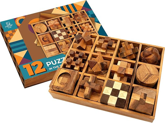 BSIRI 12 in 1 3D Wood Puzzle Box Set - Wooden Brain Teaser Puzzles for Adults Interlocking Toys Games for IQ and Mind Ideal for Patio Decor Desk Office and Unique Gift Hand Game (12 Games)