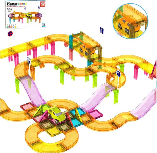 PicassoTiles Race Car Track Magnetic Tiles Travel Toy Sensory Magnet Tile Toys for Toddlers STEM Educational Learning Montessori Play Construction Building Blocks Kids Boys Girls Ages 3+ PTMR40