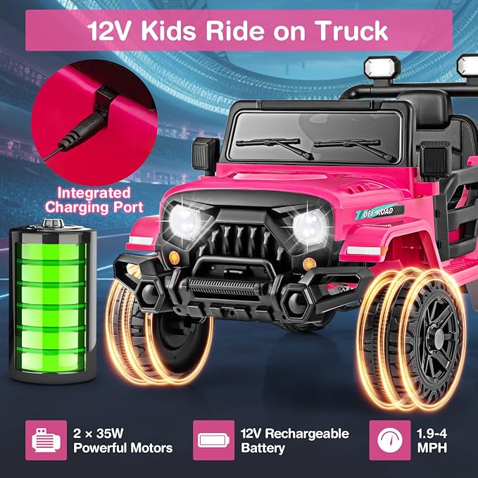 Costzon 12V Kids Ride on Truck Car, Electric Vehicle w/Remote Control, Threaded Wheels, 3 Speeds, LED Lights, Music, Horn & Wireless Connection, Ride on Toy for Boys & Girls 3+ (Hot Pink)