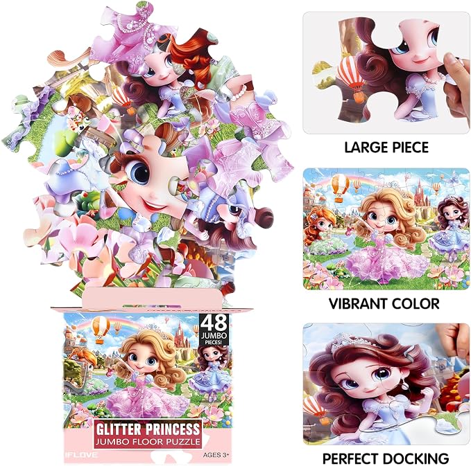 IFLOVE Princess Floor Puzzle for Kids — 48 Piece Jumbo Princess Castle Jigsaw Puzzle, Fairy Tale Puzzle with Prince Unicorn Castle, Educational Toy Birthday for Girls Boys Ages 3-8