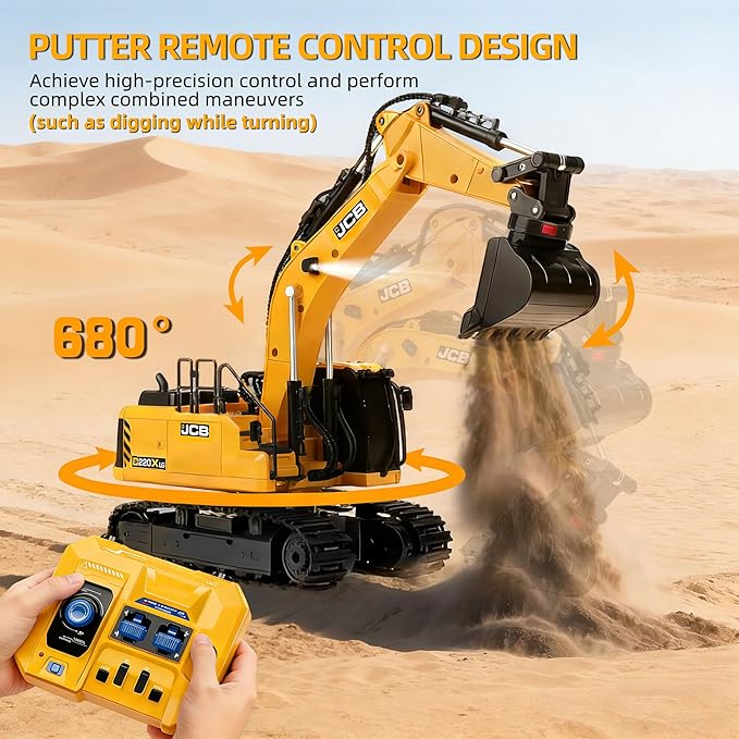 BRRRRT 3-in-1 Remote Control Excavator,14IN RC Excavator with Drill Bit, Grab Bucket & Digging Hook, JCB Official Licensed14-Channel Construction Vehicles with Lights & Sounds for Kids Ages 3+