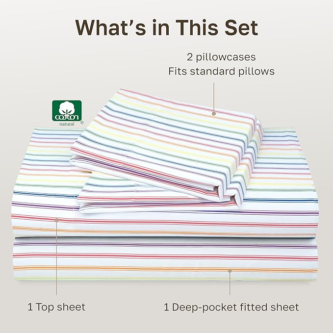 California Design Den Soft Queen Size 100% Cotton Sheet Sets, 400 TC Good Housekeeping Award Winner, Smooth Sateen Finish with Deep Pockets, Cozy and Durable Queen Bedding Set - Rainbow Stripe