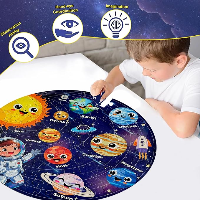 Floor Puzzles for Kids Ages 4-6 70 Piece Glow in The Dark Solar System Puzzles 3-5 Space Planets Toys Large Jigsaw Puzzle Learning Educational Toy Birthday Gift for Boys Girls Ages 6-8