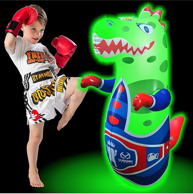 Marwan Sports Dinosaur Punching Bag for Kids Ages 3-10 — 47" Sensory Bop Bag, Glow-in-the-Dark with Roaring Sounds & Color Changing Lights | Indoor Energy Burner & Birthday Gift for Active Kids