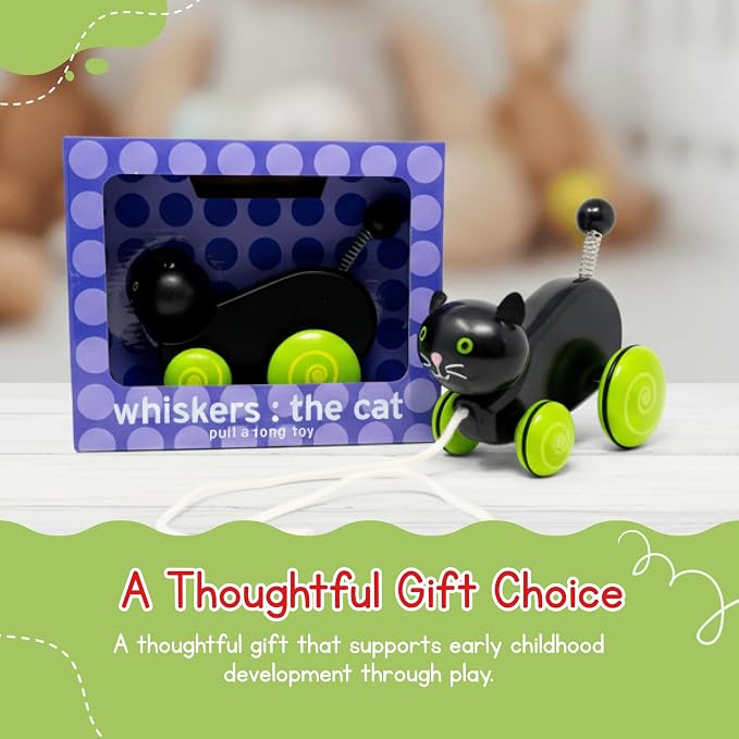 Jack Rabbit Creations- Whiskers The Cat Toddler Wooden Pull Toy- Classic Retro for Toddlers- Durable Construction- Smooth Rolling Wheels- Encourages Imaginative Play-18 Months+