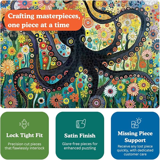 Cross & Glory - The Octopus Who Grew Flowers - 1000 Piece Jigsaw Puzzle for Adults | Vibrant Octopus and Floral Artwork | Challenging Puzzle for Adults | Eco-Friendly Materials