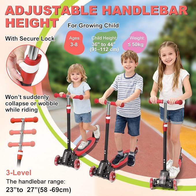Scooter for Kids 3-5 5-7,Light up 3 Wheels Kick Scooter,Heavy Duty Folding Lean-to-Steer Scooters with 3 Adjustable Handlebar for Boys Girls,Widen Anti-Slip Deck,Rear Break,Holds up to 150Lbs