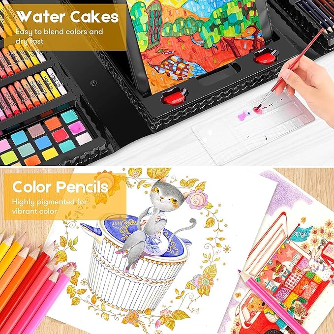 iBayam Art Supplies for Adult, Art Set Case with Trifold Easel, Scratch Paper, Sketch Pad, Coloring Book, Crayons, Pencils, Oil Pastels, Watercolors, Sharpener