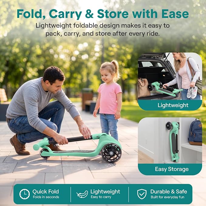 SereneLife Toddler Scooter, Adjustable Micro Scooter for Ages 2-5, Lightweight Kids 3 Wheel Design with LED Light-Up Wheels, Anti-Slip Deck & Lean-to-Steer Control, Indoor/Outdoor Use (Mint Green)