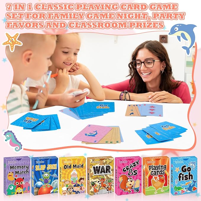 Zubebe 42 Pack Kids Card Games Gifts Bulk Classic Playing Card Game Set for Kids Includes Go Fish, Old Maid, Crazy Eights, Memory Match, Slap Jack, Playing Toy for Party Favors (Vivid)