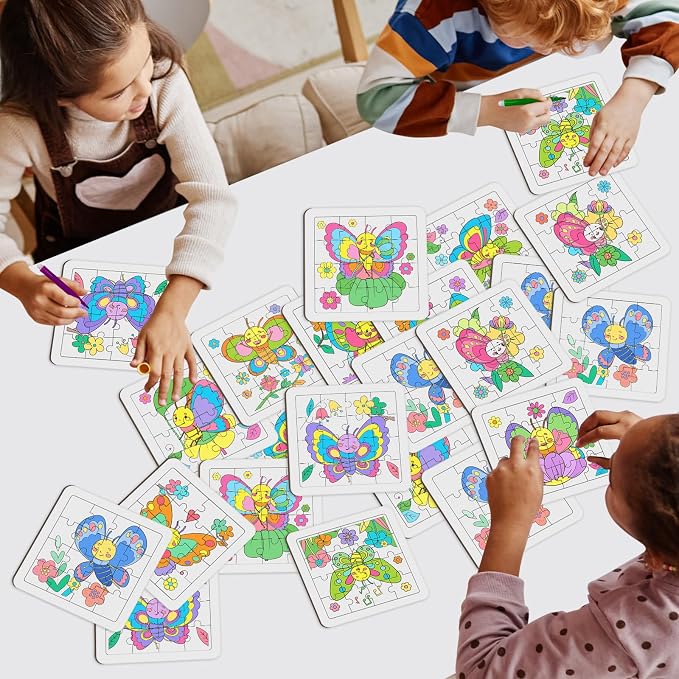 Cinrobiye 24 Pcs Butterfly Coloring Puzzle Craft Kit for Kids, DIY Butterfly Jigsaw Puzzles Bulk with 12 Designs, Spring Arts and Crafts Activities for Classroom Birthday Party Favors School Rewards