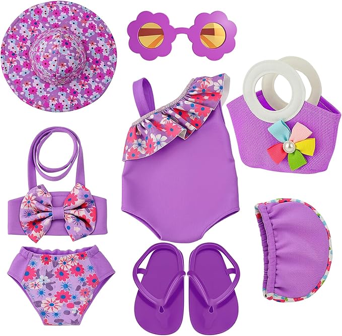 Kajaia 8 Pcs Lavender Purple 18 Inch Doll Clothes and Accessories Doll Swimsuit Dress Flip Flops Hat Outfit Swimsuit Accessories