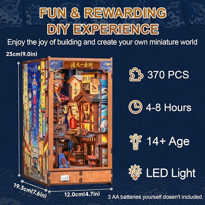 Cutefun Book Nook Kit - DIY Miniature Japanese Osaka Shinsekai Alley | 3D Wooden Puzzle 370 Pcs Bookshelf Insert with LED Light, Vintage Food Street Decor for Adults (Tsutenkaku Ichiban Street)