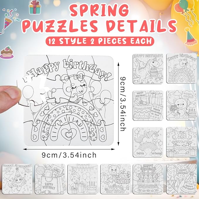 Realspring 24 Pack Happy Birthday Color Your Own Jigsaw Puzzles for Kids 3-5, 4-6, 6-8, Coloring Crafts DIY Paper Puzzles Party Favors Gifts for Toddler Children Learning Education Toys