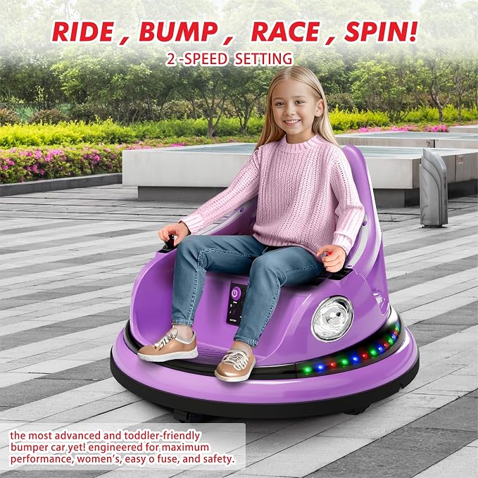 Bumper Car for Kids, 12V Ride on Bumper Car for Toddler with Remote Control, 2-Speed, 2 Driving Modes, 360°Spin, Anti-Collision Padding, Lights, Music, Electric Bumping Car for Children 1.5-6, Purple