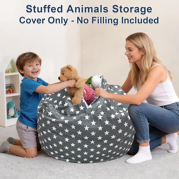 Lukeight Stuffed Animals Storage Bean Bag Chair Cover for Kids and Toddlers, Cozy Velvet Plush Toy Organizer Seat, Cover Only, No Filling Included, Long YKK Zipper, Side Pocket, Large 27 x 16 in