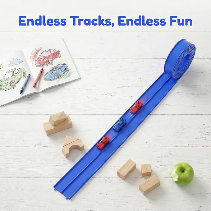 Flexible Race Track 16.5 Ft for Kids Starter Set, Race Car Ramp Track with Suction Cups, Compatible with 1:64 Scale Diecast Cars, Portable Rolls up Race Tracks, Gift for Boys & Girls Ages 3-8, Blue