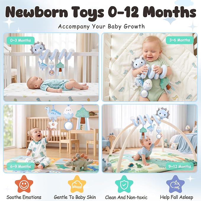Stuffed Dinosaur Spiral Car Seat Toys Hanging for Babies 0-3 3-6 6-12 Months, Plush Infant Stroller Toy with Silicone Teether, Crinkle and Squeaker, Soft Cute Shower Gifts for Newborn Boys Girls