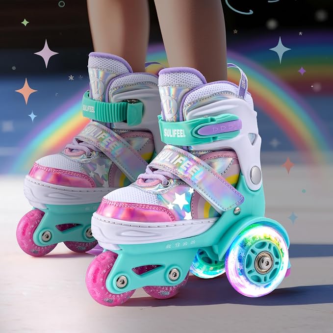 SULIFEEL Rainbow Unicorn 4 Size Adjustable Roller Skates for Girls Boys for Kids Ages 3-5 5-8 6-12 Children Skates Indoor Outdoor