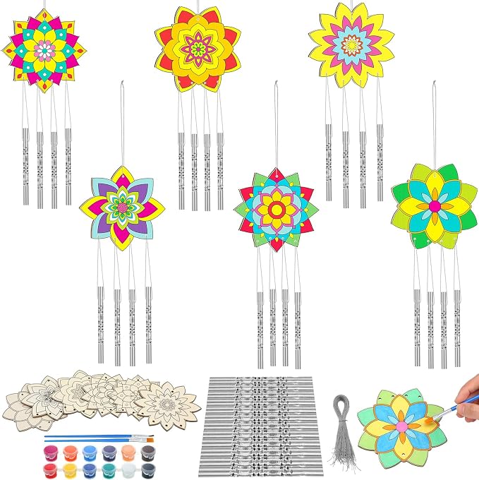 Silipull 24 Sets Lotus Flower Wind Chimes Craft for Kids Color Your Own Mandala Windchime DIY Unfinished Wood Hanging Ornaments Coloring Wind Chime for Spring Summer Kids Gifts School Party Supplies