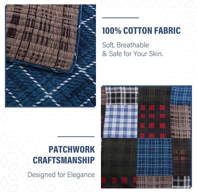 NEWLAKE Quilt Set Queen Size, Cotton Patchwork Blue Black Checkered Patterns Quilt Sets, Reversible Bedspread Lightweight and Breathable for All Seasons, Soft Quilted Bedspread with 2 Pillow Shams