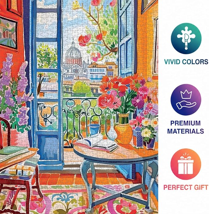 Cross & Glory – Room with a Bloom – 1000 Piece Jigsaw Puzzle for Adults | Colorful Floral City View Puzzle | Vibrant Home Interior Artwork | Premium Ribbon-Cut Puzzle with Satin Finish