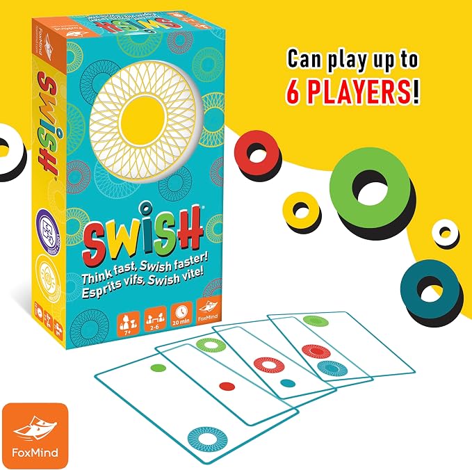 FoxMind Games: Swish Card Game, Spatial Reasoning Board Game for Ages 7 and up, Rotate, Stack & Match Transparent Cards to Win. Waterproof Cards & Travel Bag - Perfect Family Travel Game