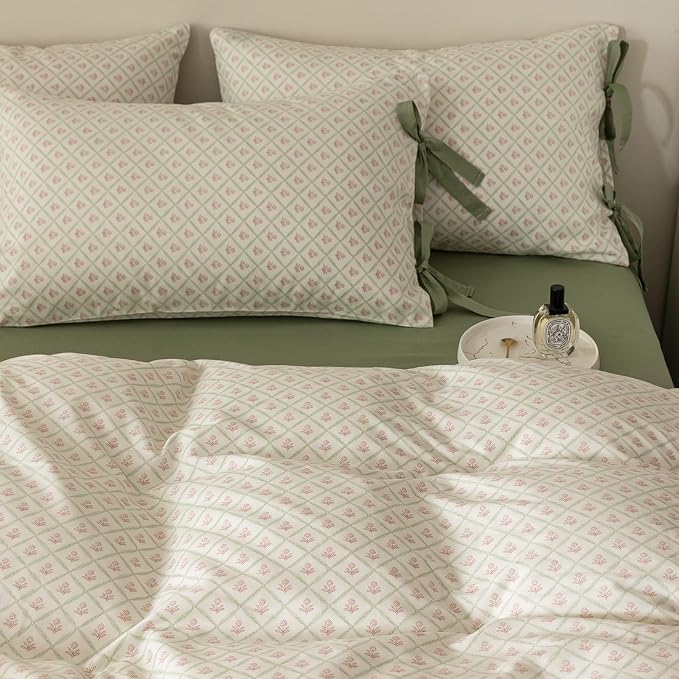 LifeTB Pink Floral Comforter Set Queen Plaid Grid Cute Flower Comforter 3 Pieces Cottagecore Bedding Comforter Aesthetic Flowers Boho Comforter with 2 Bowknot Pillowcases Farmhouse Bedding Set