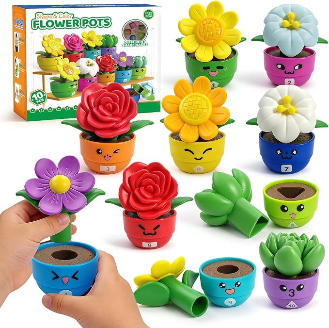 10 Sets Flower Garden Toddler Toys, Kids Gardening Building Toy, Color Shape Sorting & Matching Game, Montessori Stacking Sensory Learning Toys, 2 Year Old Girl Birthday Gift