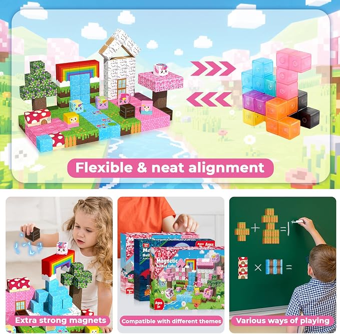 Annexfun Magnetic Blocks - 150PCS Building Blocks Unicorn Cubes - Toys for Montessori Toddler Christmas Birthday Gifts - STEM Sensory Toys for 3 4 9 10 Year Old Girl