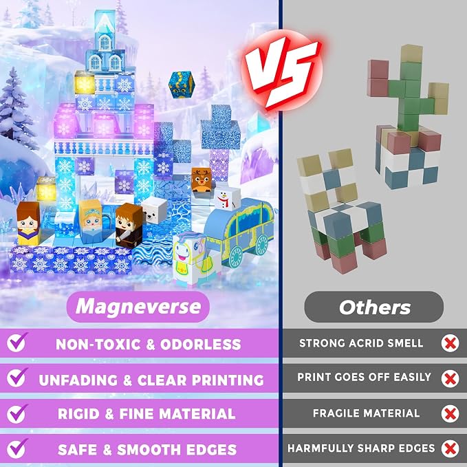 200 PCS Light Up Magnetic Blocks, Transparent Magnetic Building Block for Blue Snow Princess Castle, Frozen Magnet Cubes STEM Toys for Girls Age 3 4 5 6 7 8 9 10 11 12 13 Birthdays Gift for Kids