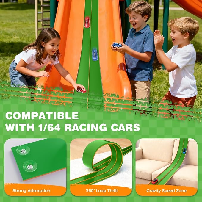TAEMVV 15 Ft Dual Flexible Race Track for Kids, DIY Ramps Car Track Set Compatible with Hot Wheels 1/64 Diecast Cars, Reinforced Suction Cup for Boys Girls 3+, Green&Orange